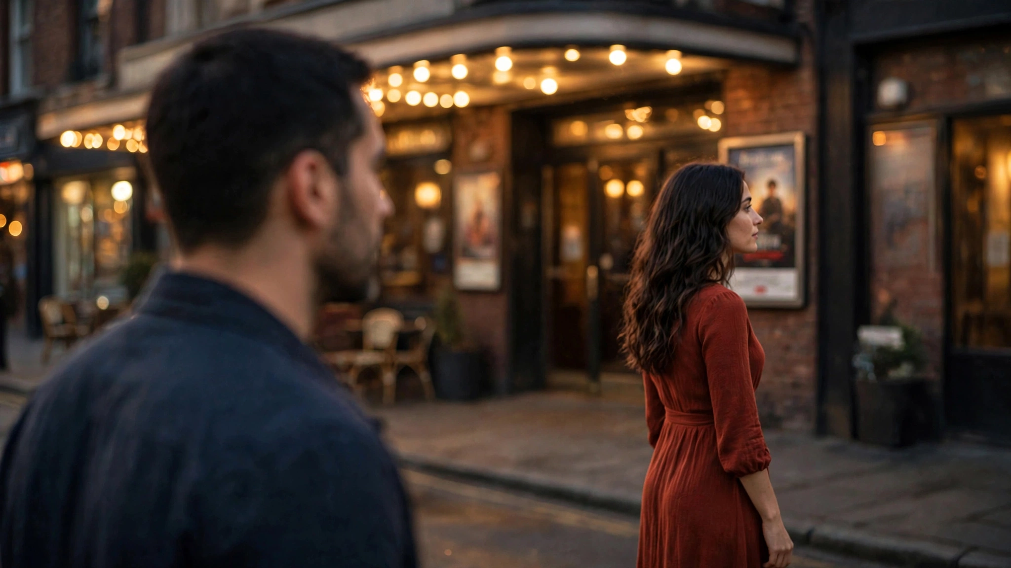 A man watches a woman standing by a cinema poster; they have never met