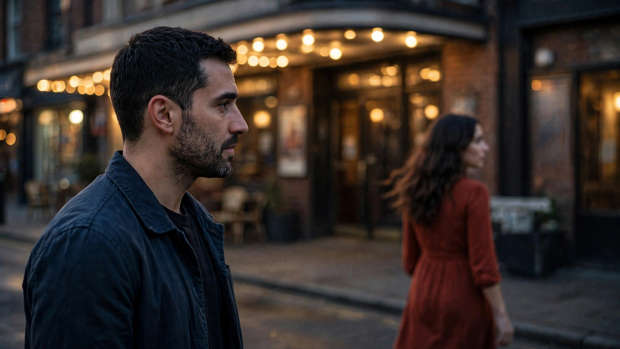 The same woman walking away while the man stays behind alone, after she refused